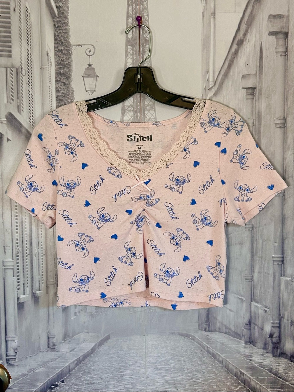 Pink and Blue Stitch Cropped V-NeckTop